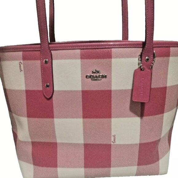 Coach Handbags - Coach City Red Buffalo Plaid Print PVC & Leather Zip Top Tote